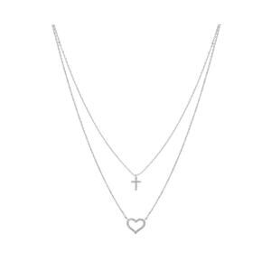 Unwritten Fine Silver Plated Cubic Zirconia Cross Heart Layered Necklace NEW